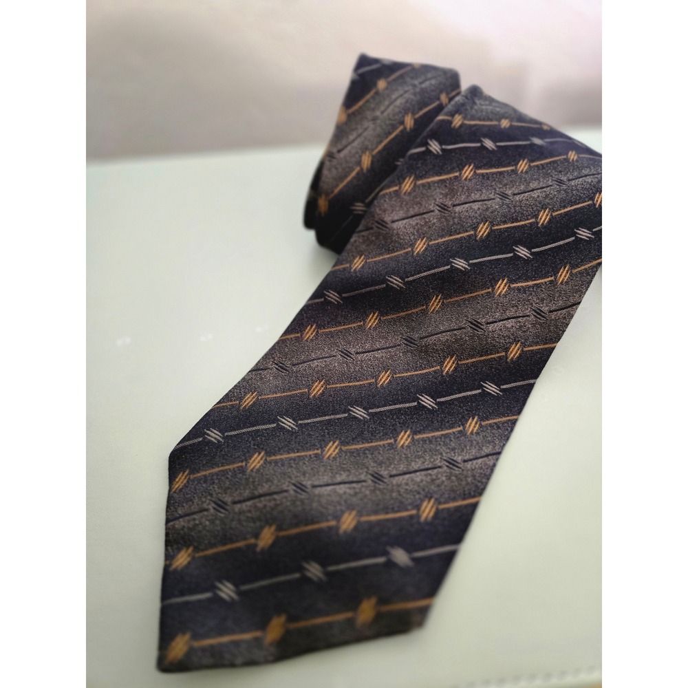 Paulo Visari Mens Silk Tie Italy Charcoal Black Gold Geometric Pattern 4"